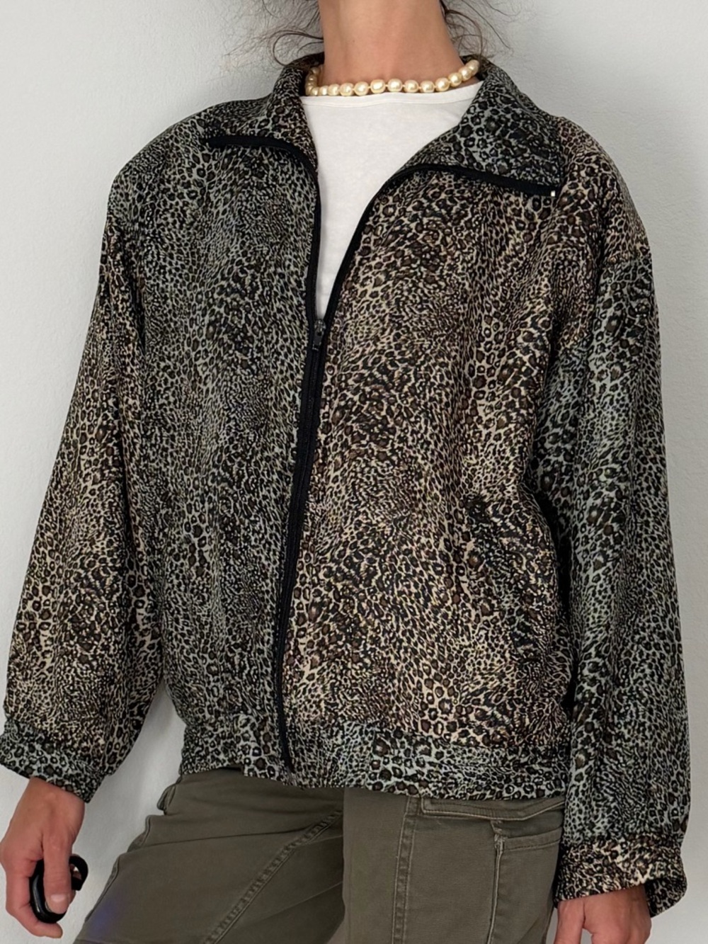 Silk Road 100% Silk Leopard-Print Bomber Jacket - Black/Gray
